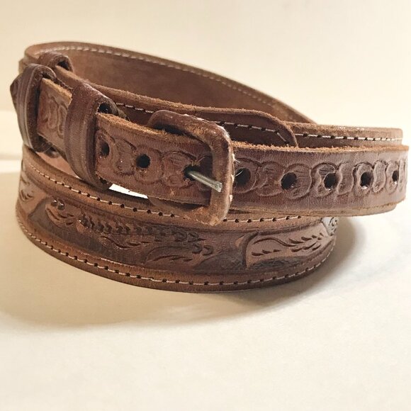 Vintage Handcrafted Tooled Mens Womens Brown Leather Belt Size 32 S/M 30"-34" - Picture 2 of 16